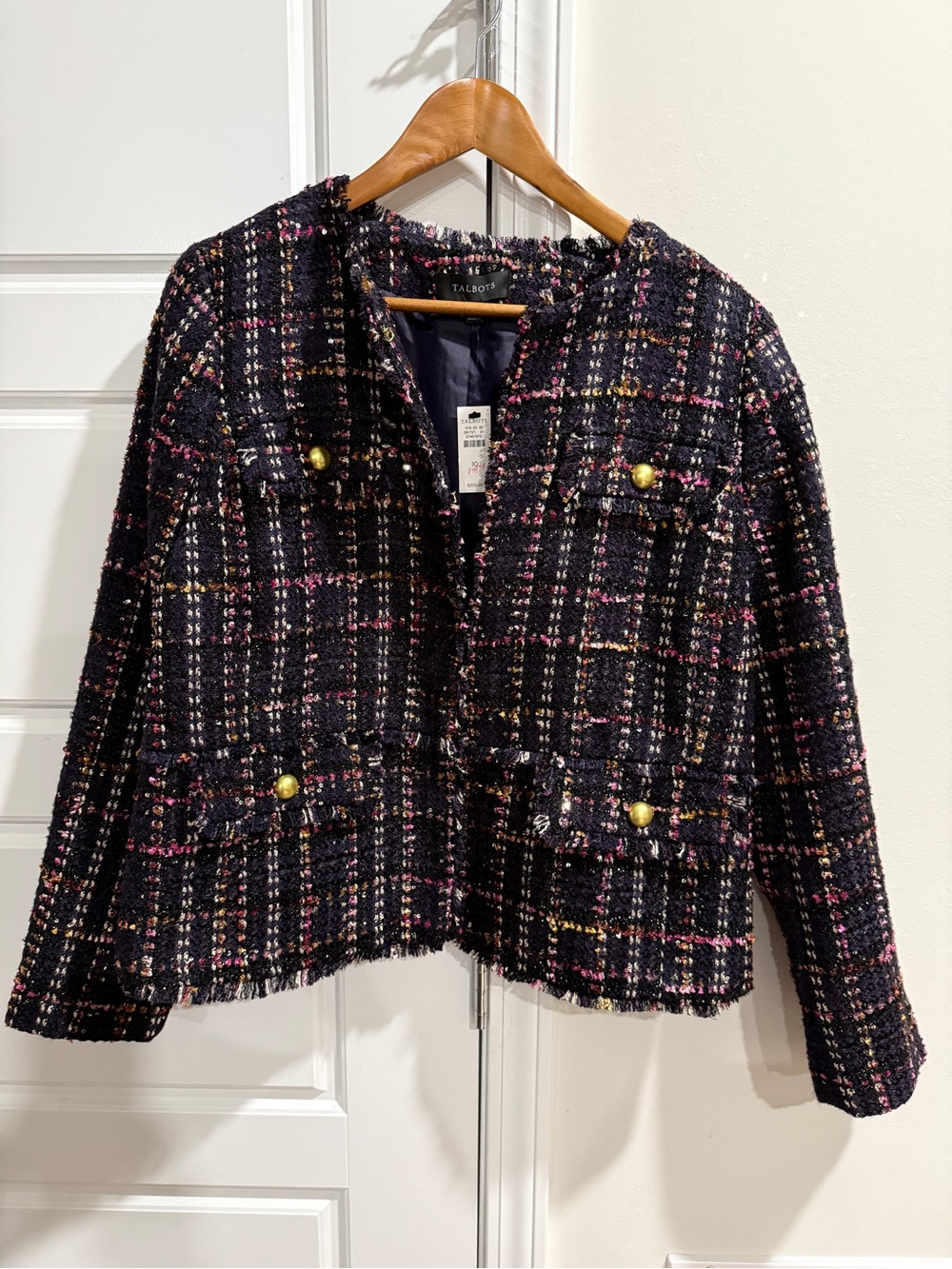 NWT Talbots Tweed Jacket 10 Navy Pink Metallic Sequin Collarless